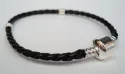 (image for) European Style Bracelet-Black Braided Leather w/ Stoppers -8"