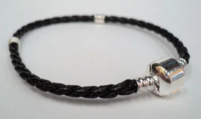 (image for) European Style Bracelet-Black Braided Leather w/ Stoppers -8"