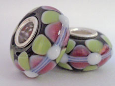 European Style Bead-Black with Pink and Green Flowers