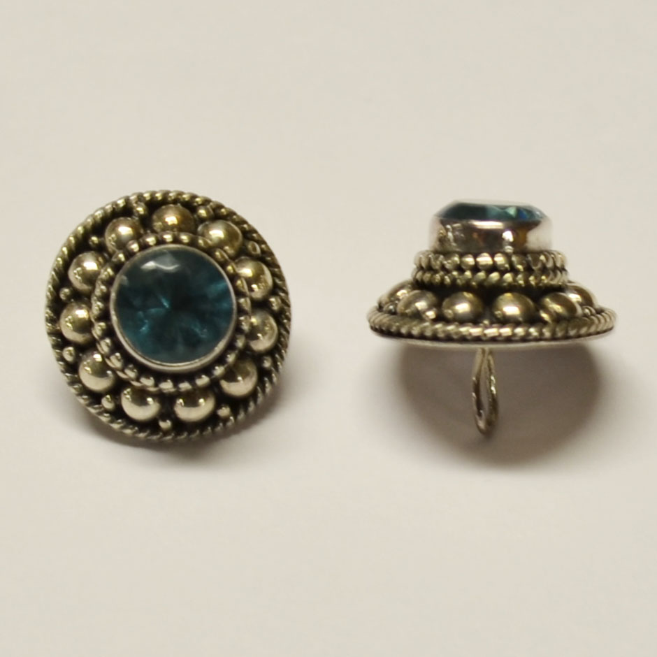 Bali Silver Button - Faceted Aquamarine Crystal in Center with Granulation and Twisted Wire Design * 2 Buttons