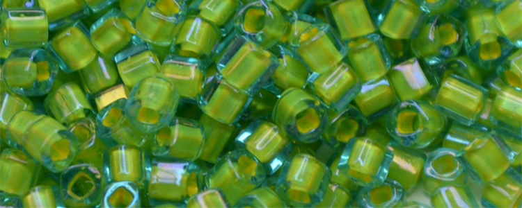 TOHO 1.5mm Cube Beads-Lime Green Lined Aqua